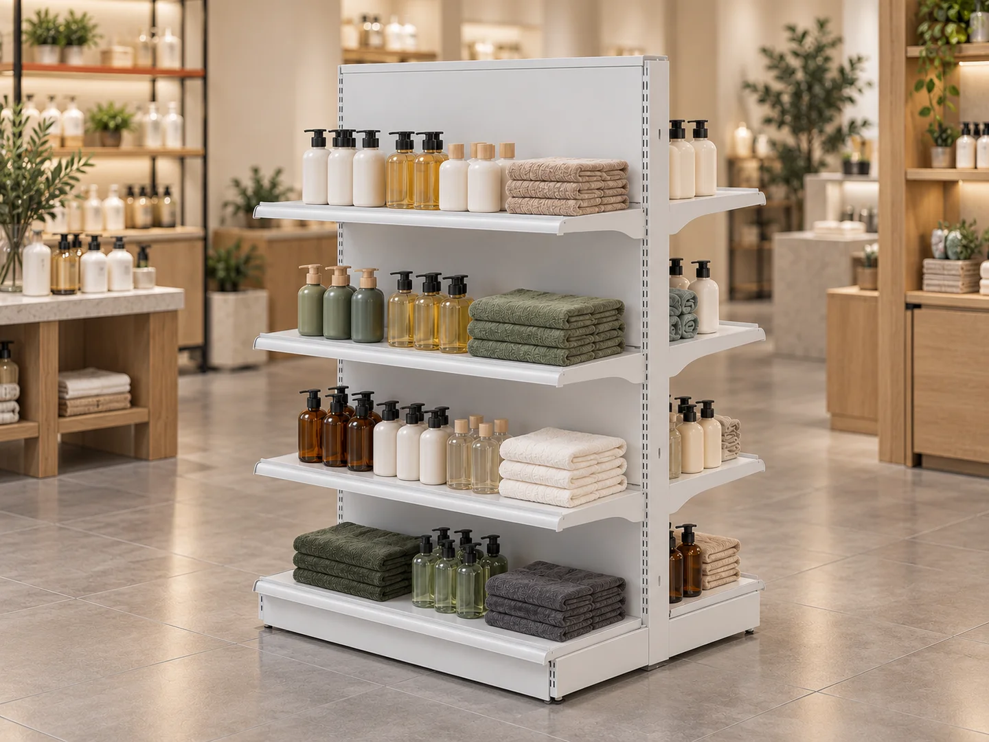 Illustrative GR80C double-sided shelving display with bath care products in a modern store